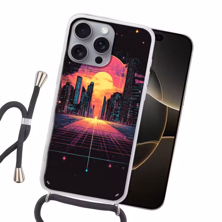 Stad - Gebouwen - Zon - Geel Hoesje iPhone 16 Pro Max met koord klein -sfeer1