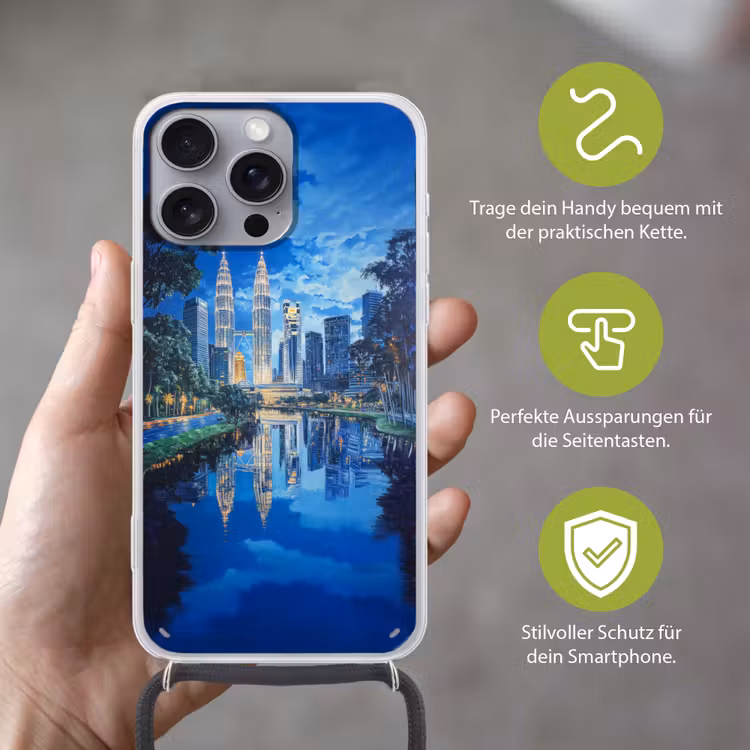 Stad Kuala Lumpur - Skyline - Wolkenkrabbers - Water Hoesje iPhone 16 Pro Max met koord klein -sfeer2_DE