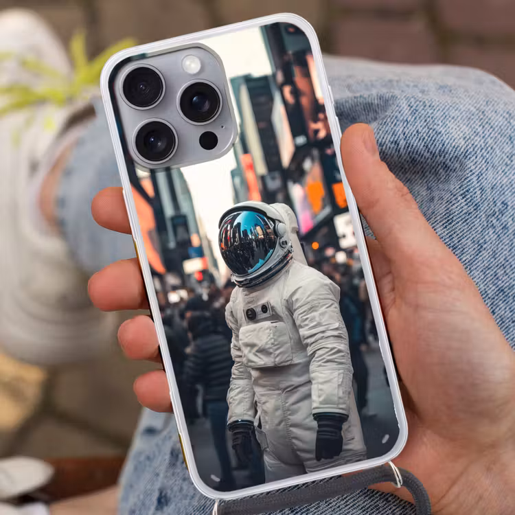 Stad - Mensen - Astronaut - Wit Hoesje iPhone 16 Pro Max met koord klein -sfeer3