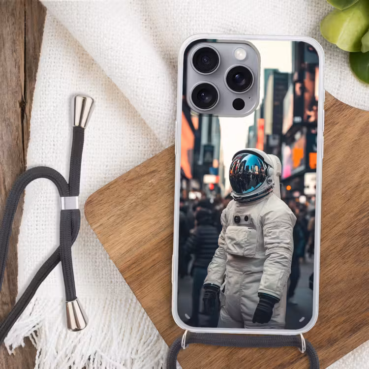 Stad - Mensen - Astronaut - Wit Hoesje iPhone 16 Pro Max met koord klein -sfeer4