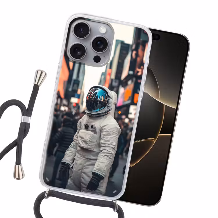 Stad - Mensen - Astronaut - Wit Hoesje iPhone 16 Pro Max met koord klein -sfeer1