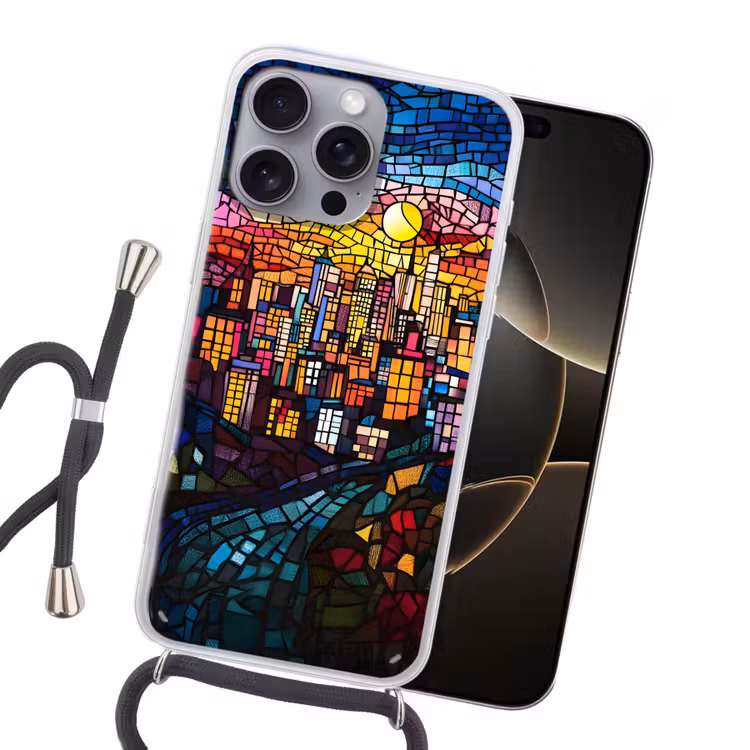 Stad - Maan - Mozaïek - Kleurrijk Hoesje iPhone 16 Pro Max met koord klein -sfeer1