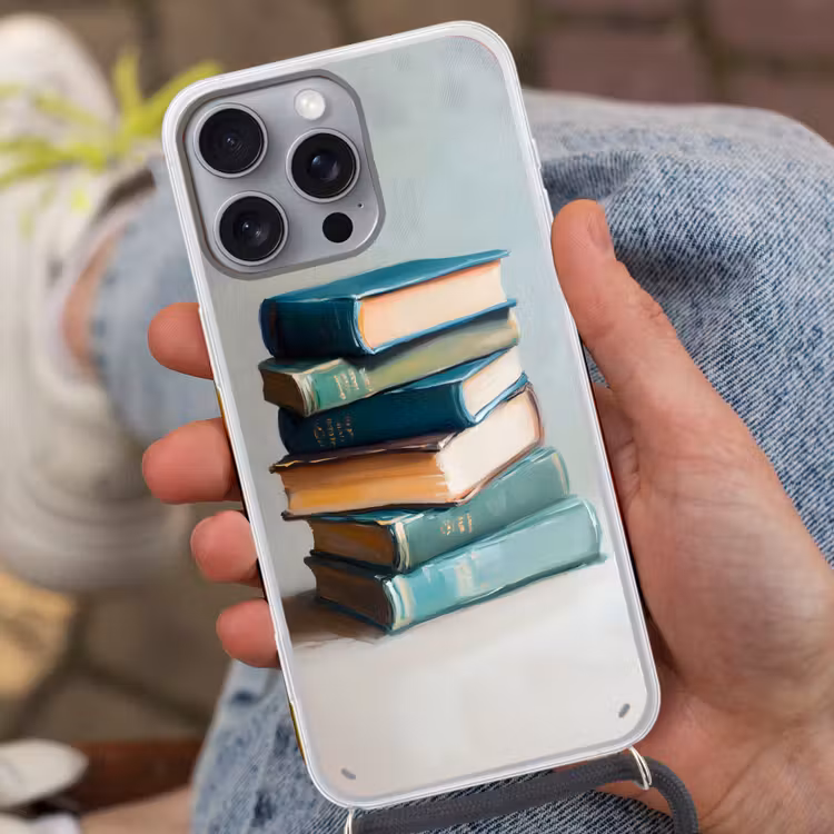 Stapel - Boeken - Groen - Daglicht Hoesje iPhone 16 Pro Max met koord klein -sfeer3