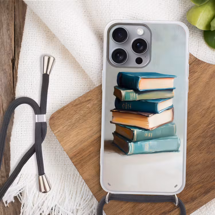 Stapel - Boeken - Groen - Daglicht Hoesje iPhone 16 Pro Max met koord klein -sfeer4