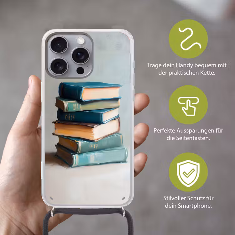 Stapel - Boeken - Groen - Daglicht Hoesje iPhone 16 Pro Max met koord klein -sfeer2_DE