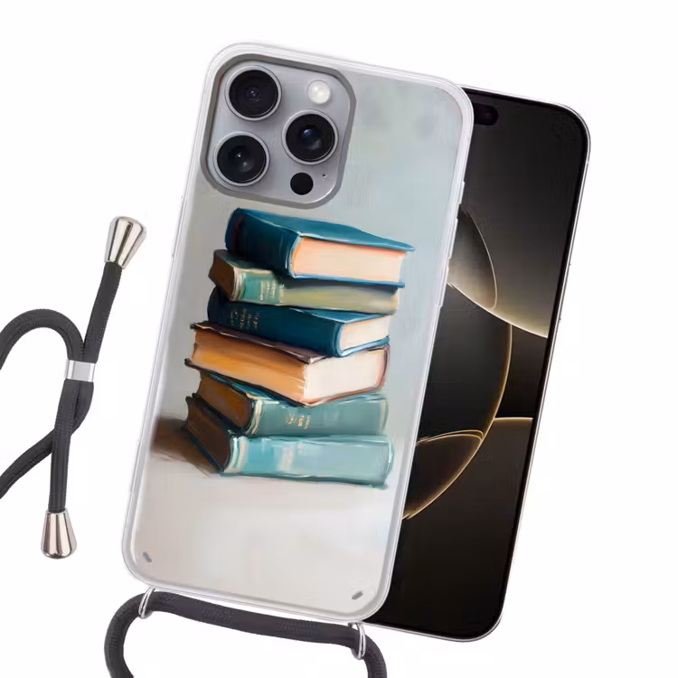 Stapel - Boeken - Groen - Daglicht Hoesje iPhone 16 Pro Max met koord klein -sfeer1