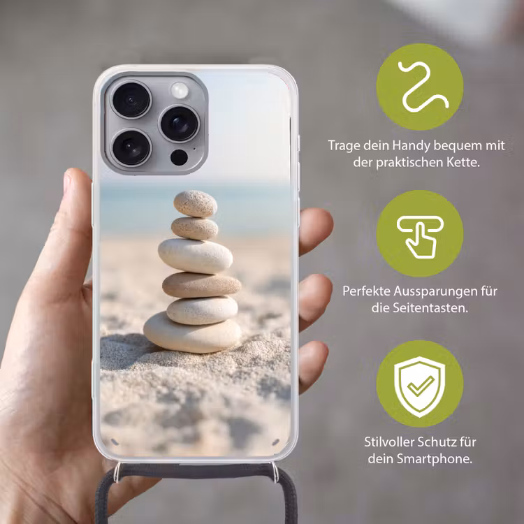 Stenen - Stapel - Zand - Zee Hoesje iPhone 16 Pro Max met koord klein -sfeer2_DE