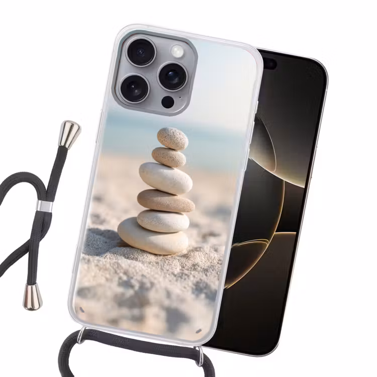 Stenen - Stapel - Zand - Zee Hoesje iPhone 16 Pro Max met koord klein -sfeer1