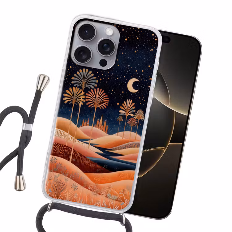 Sterrenhemel - Palmen - Rivier Hoesje iPhone 16 Pro Max met koord klein -sfeer1