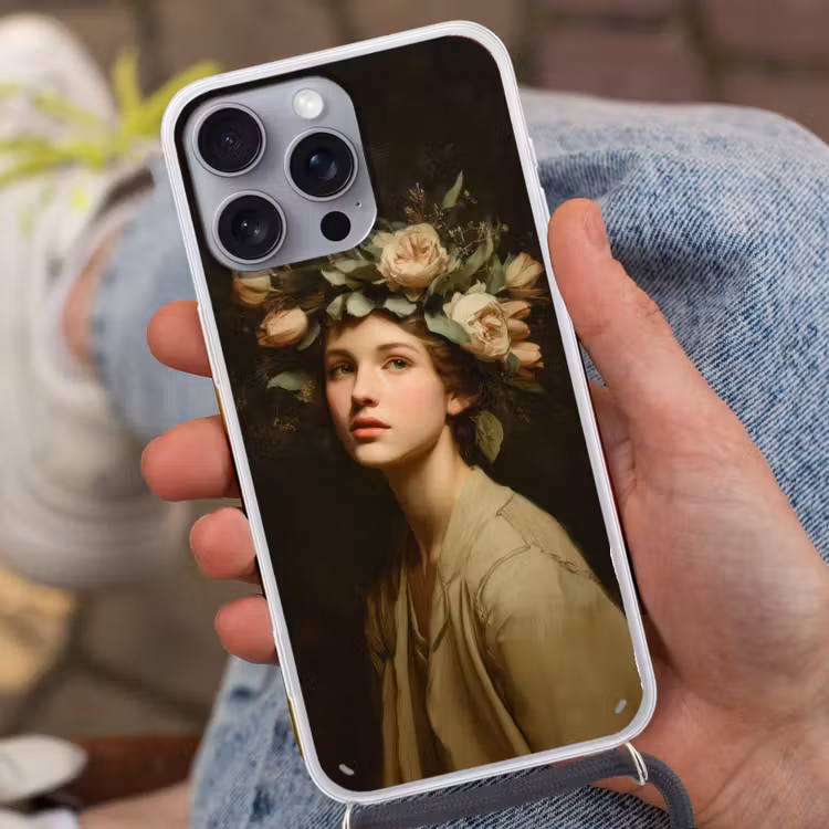 Bloemenstilte - Vrouw - Portret Hoesje iPhone 16 Pro Max met koord klein -sfeer3