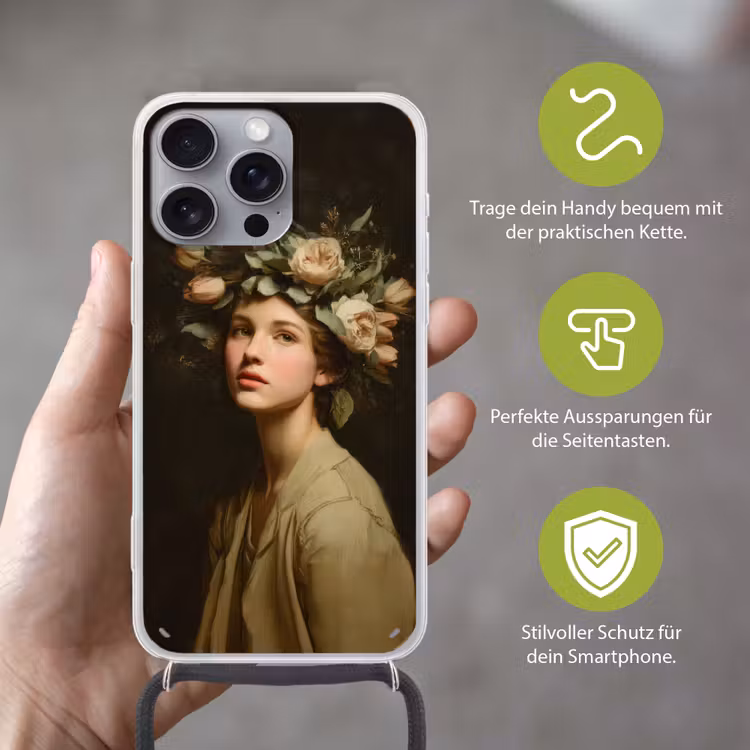 Bloemenstilte - Vrouw - Portret Hoesje iPhone 16 Pro Max met koord klein -sfeer2_DE