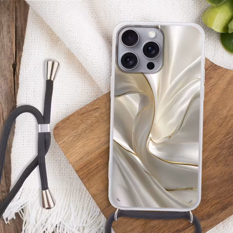 Stof - Plooien - Goud Hoesje iPhone 16 Pro Max met koord klein -sfeer4