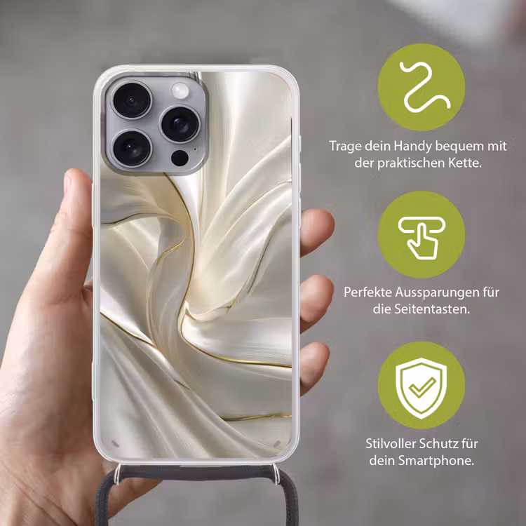 Stof - Plooien - Goud Hoesje iPhone 16 Pro Max met koord klein -sfeer2_DE