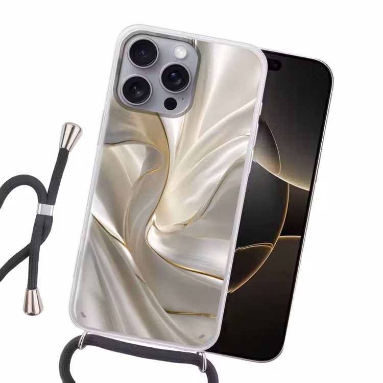 Stof - Plooien - Goud Hoesje iPhone 16 Pro Max met koord klein -sfeer1