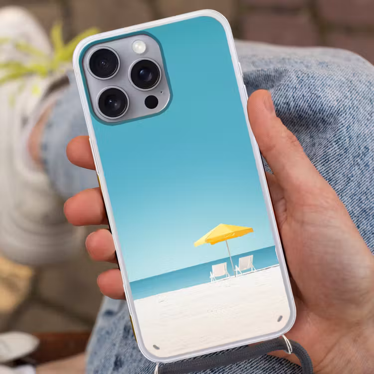 Strand - Blauwe lucht - Geel - Parasol Hoesje iPhone 16 Pro Max met koord klein -sfeer3