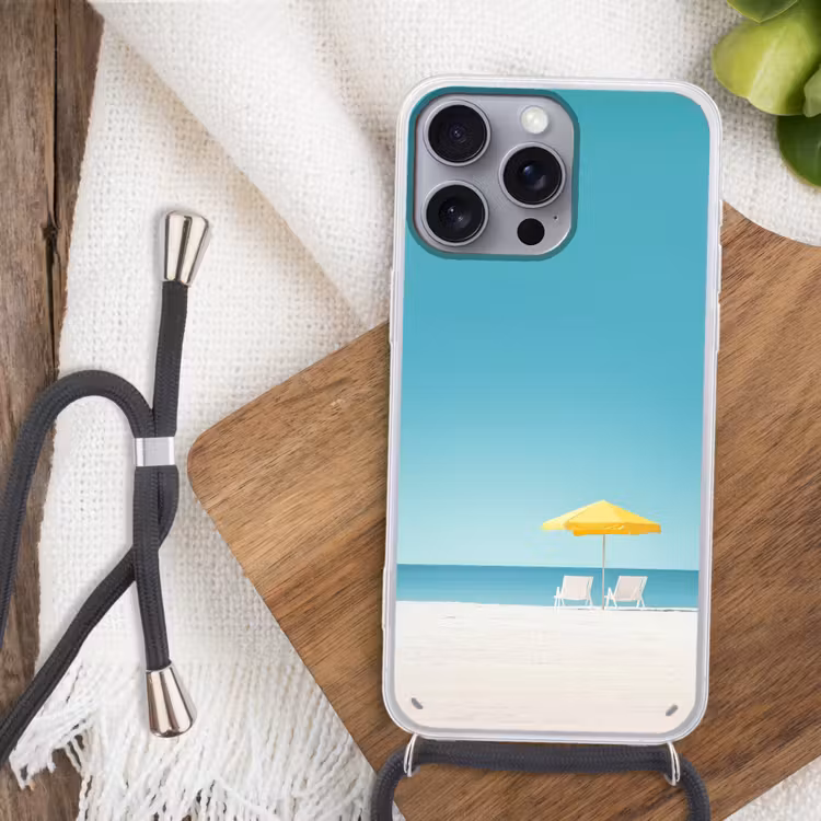 Strand - Blauwe lucht - Geel - Parasol Hoesje iPhone 16 Pro Max met koord klein -sfeer4