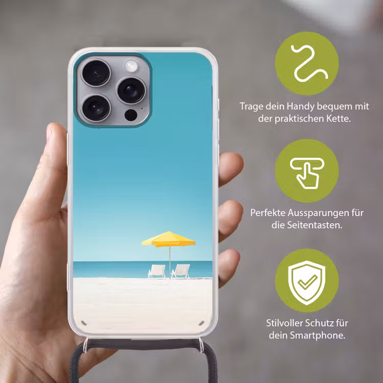 Strand - Blauwe lucht - Geel - Parasol Hoesje iPhone 16 Pro Max met koord klein -sfeer2_DE