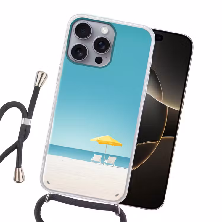 Strand - Blauwe lucht - Geel - Parasol Hoesje iPhone 16 Pro Max met koord klein -sfeer1