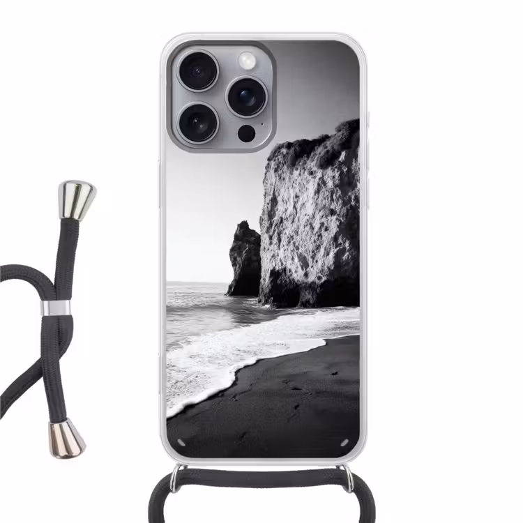 Strand - Klif - Golven - Voetstappen Hoesje iPhone 16 Pro Max met koord klein -3d