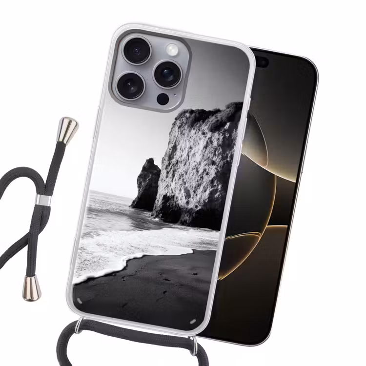 Strand - Klif - Golven - Voetstappen Hoesje iPhone 16 Pro Max met koord klein -sfeer1