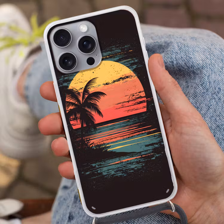 Strand - Minimalistisch - Zon - Oranje Hoesje iPhone 16 Pro Max met koord klein -sfeer3