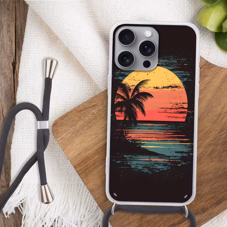 Strand - Minimalistisch - Zon - Oranje Hoesje iPhone 16 Pro Max met koord klein -sfeer4