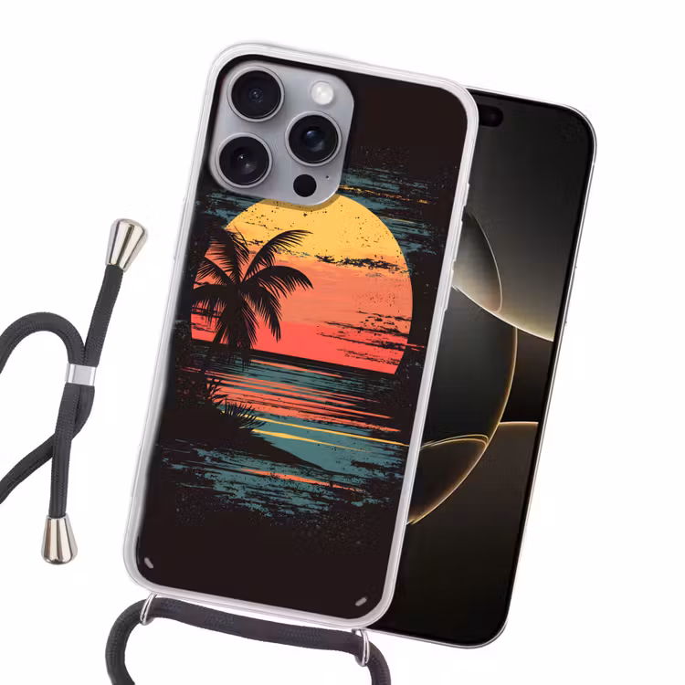Strand - Minimalistisch - Zon - Oranje Hoesje iPhone 16 Pro Max met koord klein -sfeer1