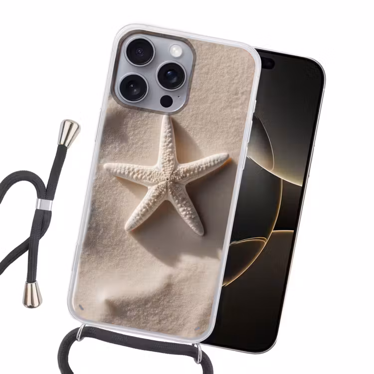 Strand - Zeester - Zand - Beige Hoesje iPhone 16 Pro Max met koord klein -sfeer1
