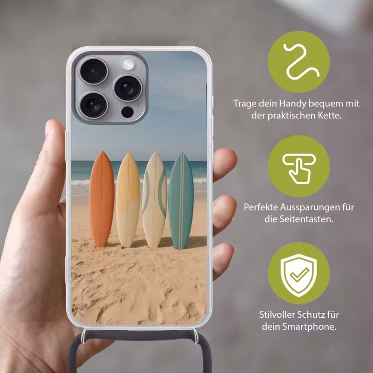 Strand - Surfbord - Pastel Hoesje iPhone 16 Pro Max met koord klein -sfeer2_DE