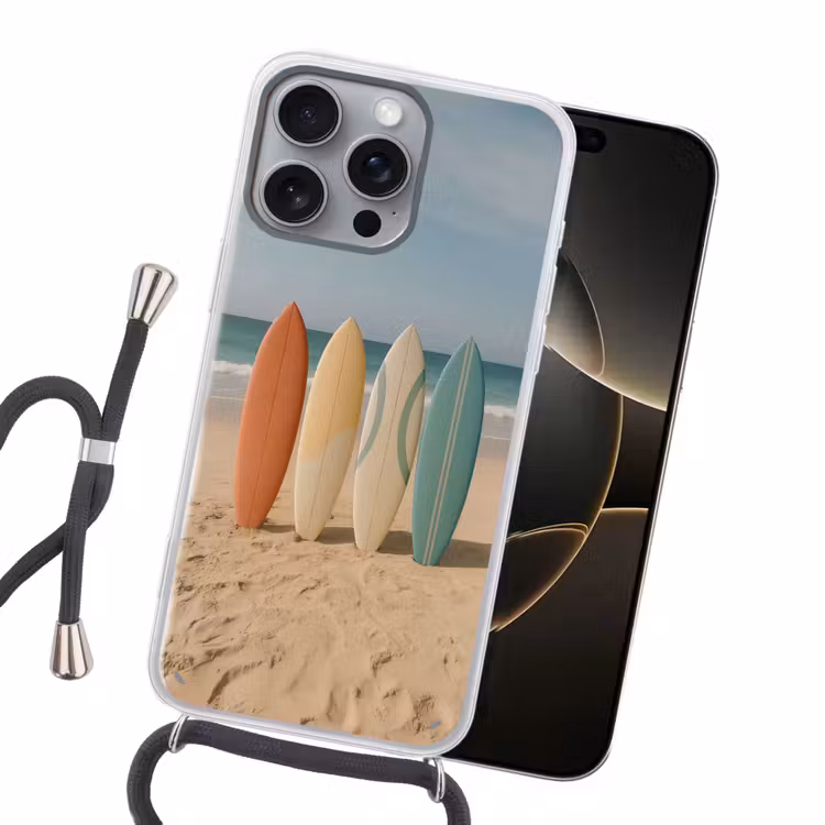 Strand - Surfbord - Pastel Hoesje iPhone 16 Pro Max met koord klein -sfeer1