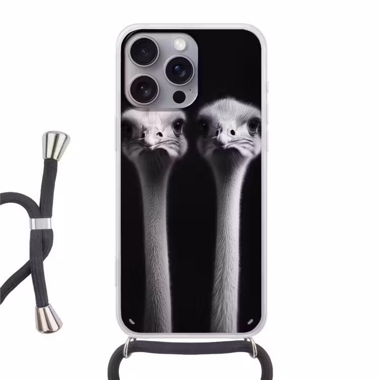 Struisvogels - Halzen - Zwart - Minimalistisch Hoesje iPhone 16 Pro Max met koord klein -3d
