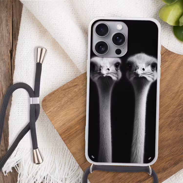 Struisvogels - Halzen - Zwart - Minimalistisch Hoesje iPhone 16 Pro Max met koord klein -sfeer4