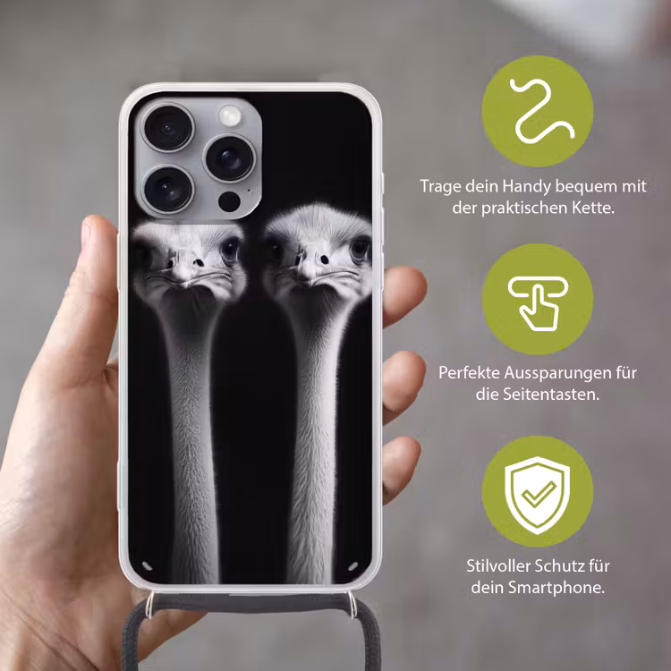 Struisvogels - Halzen - Zwart - Minimalistisch Hoesje iPhone 16 Pro Max met koord klein -sfeer2_DE