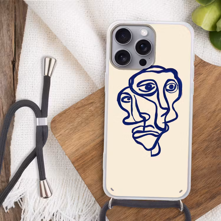 Lijntekening - Overlappende gezichten - Donkerblauw Hoesje iPhone 16 Pro Max met koord klein -sfeer4
