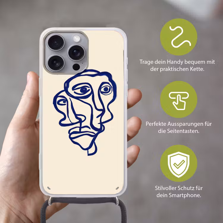 Lijntekening - Overlappende gezichten - Donkerblauw Hoesje iPhone 16 Pro Max met koord klein -sfeer2_DE
