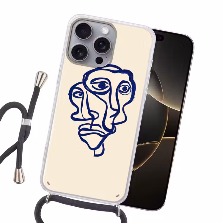 Lijntekening - Overlappende gezichten - Donkerblauw Hoesje iPhone 16 Pro Max met koord klein -sfeer1