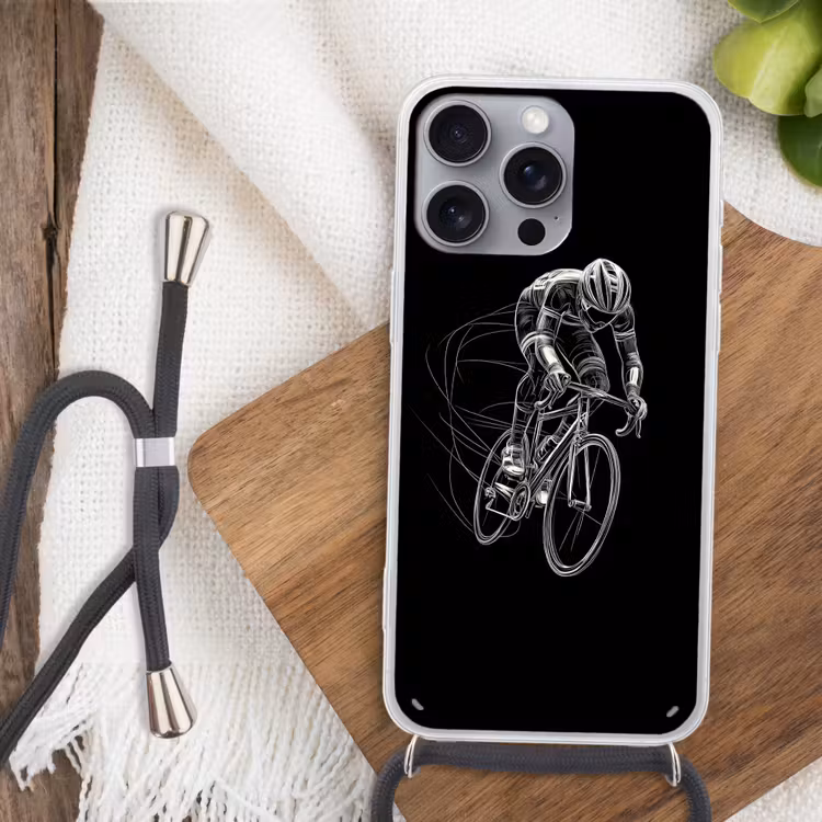 Lijntekening - Wit - Wielrennen - Snelheid Hoesje iPhone 16 Pro Max met koord klein -sfeer4