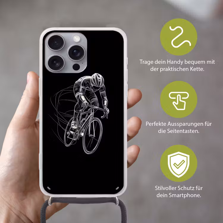 Lijntekening - Wit - Wielrennen - Snelheid Hoesje iPhone 16 Pro Max met koord klein -sfeer2_DE