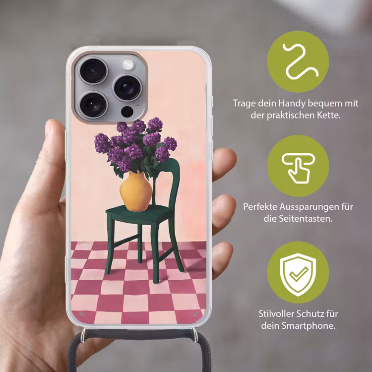 Stoel - Vaas - Bloemen - Geblokt Hoesje iPhone 16 Pro Max met koord klein -sfeer2_DE
