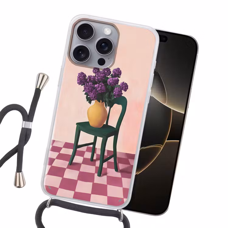 Stoel - Vaas - Bloemen - Geblokt Hoesje iPhone 16 Pro Max met koord klein -sfeer1