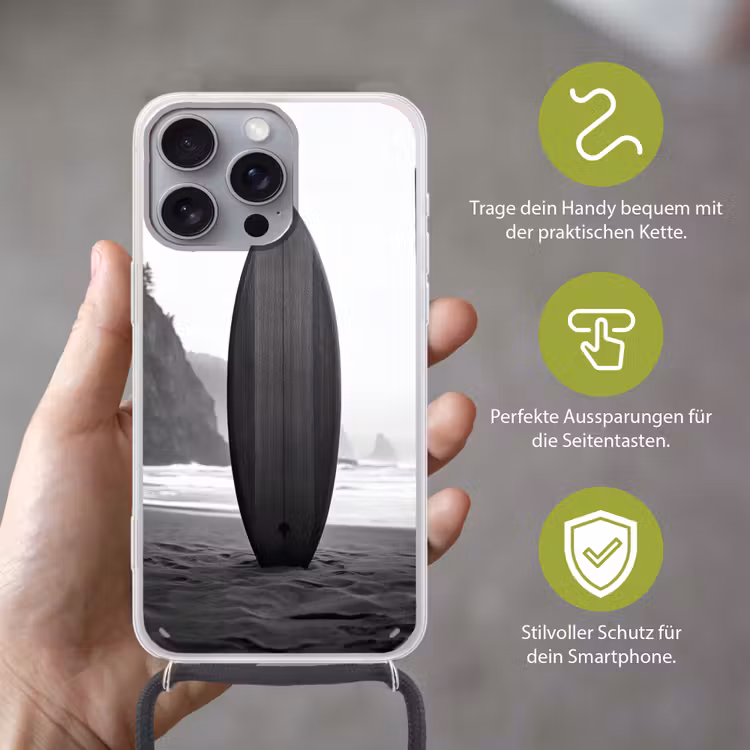Surfplank - Zand - Zee Hoesje iPhone 16 Pro Max met koord klein -sfeer2_DE