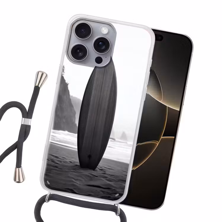 Surfplank - Zand - Zee Hoesje iPhone 16 Pro Max met koord klein -sfeer1