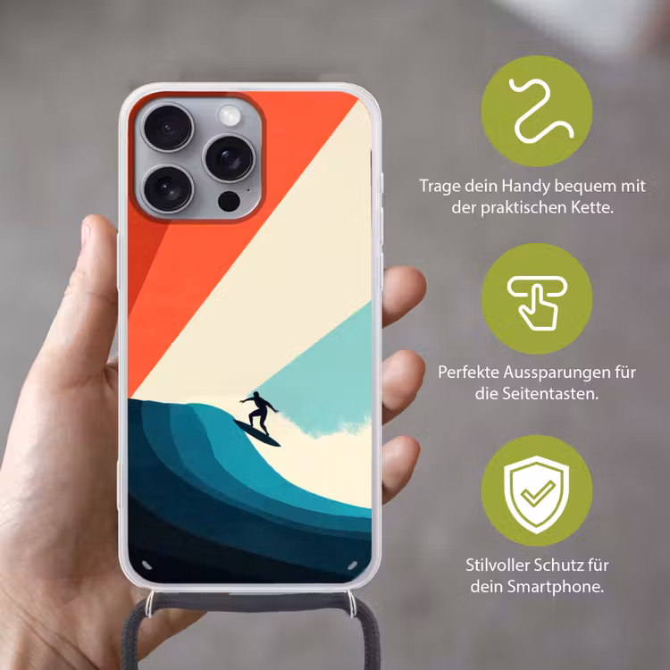 Surfer - Abstract - Golven - Zonnestralen Hoesje iPhone 16 Pro Max met koord klein -sfeer2_DE