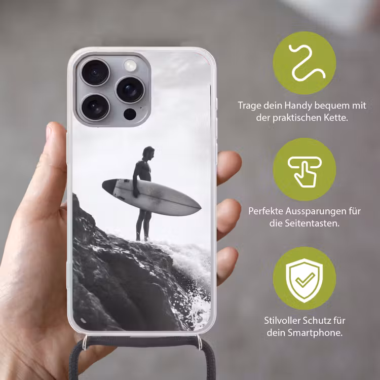 Surfer - Rots - Oceaan - Golven Hoesje iPhone 16 Pro Max met koord klein -sfeer2_DE
