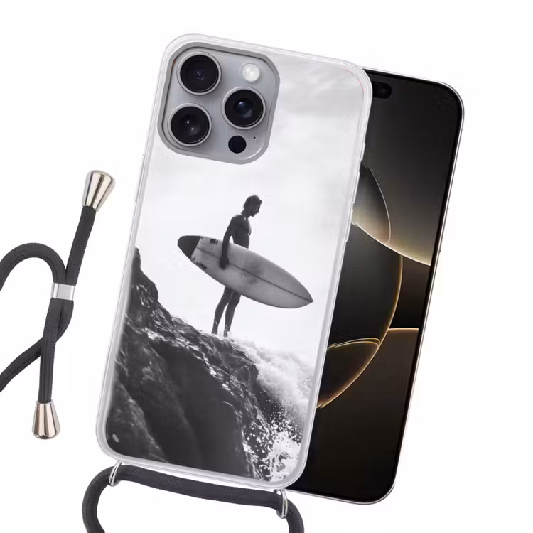 Surfer - Rots - Oceaan - Golven Hoesje iPhone 16 Pro Max met koord klein -sfeer1