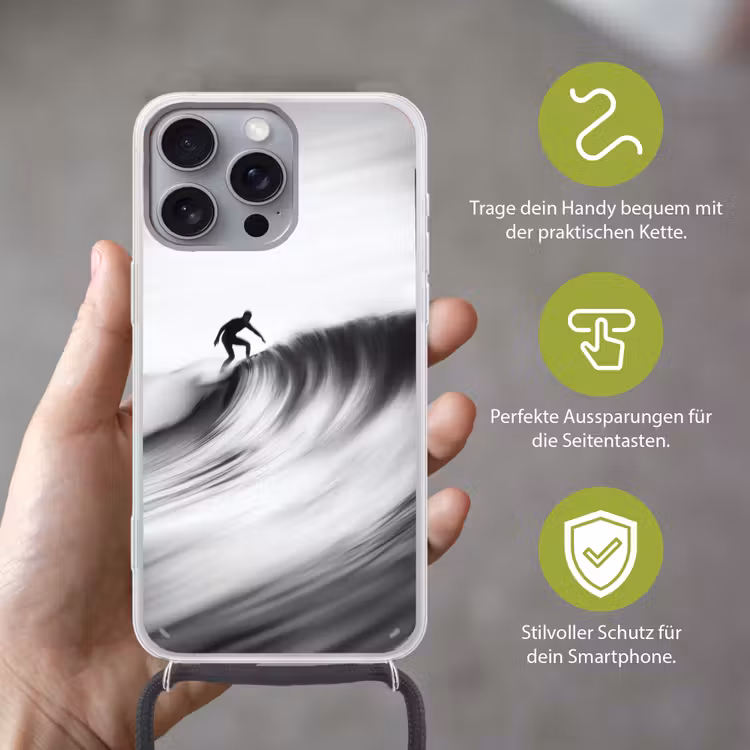 Surfer - Golf - Vervaagd - Zwart Hoesje iPhone 16 Pro Max met koord klein -sfeer2_DE