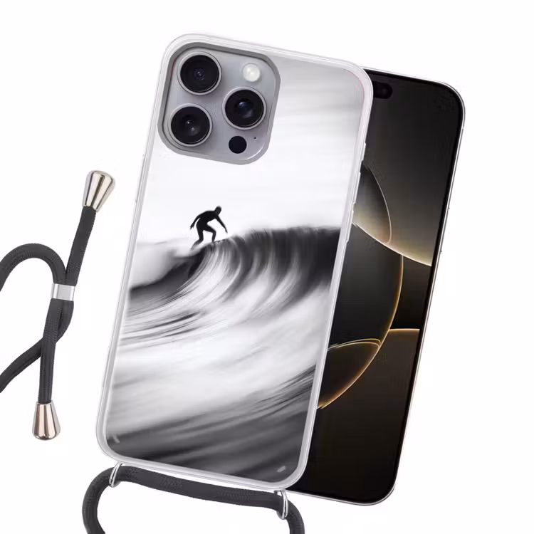 Surfer - Golf - Vervaagd - Zwart Hoesje iPhone 16 Pro Max met koord klein -sfeer1