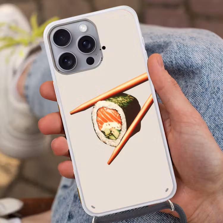 Sushi - Zalm - Rijst - Japans Hoesje iPhone 16 Pro Max met koord klein -sfeer3