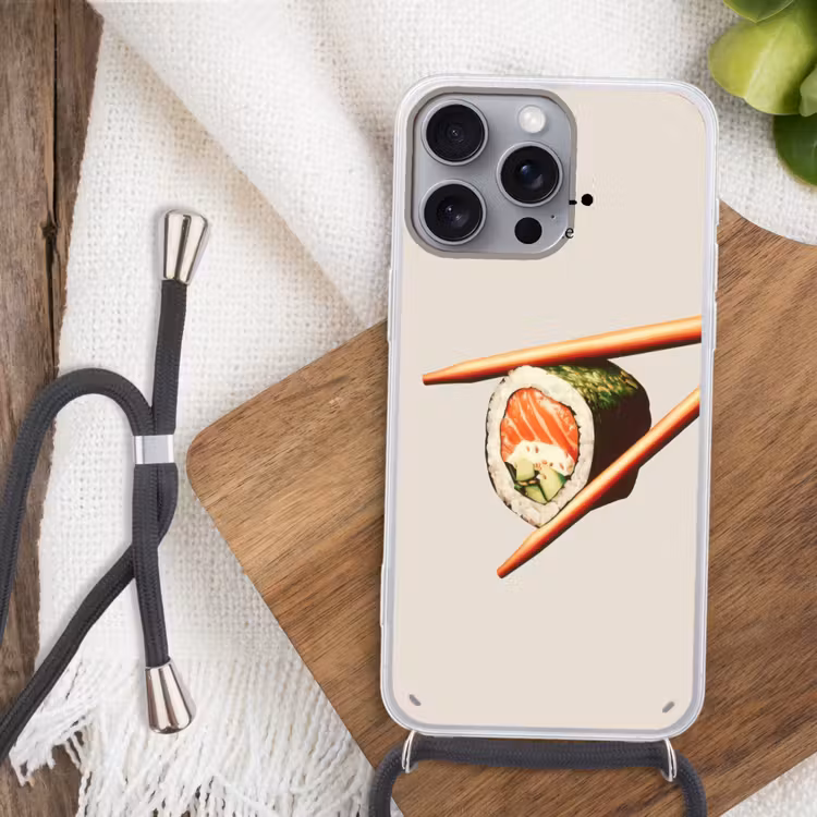 Sushi - Zalm - Rijst - Japans Hoesje iPhone 16 Pro Max met koord klein -sfeer4