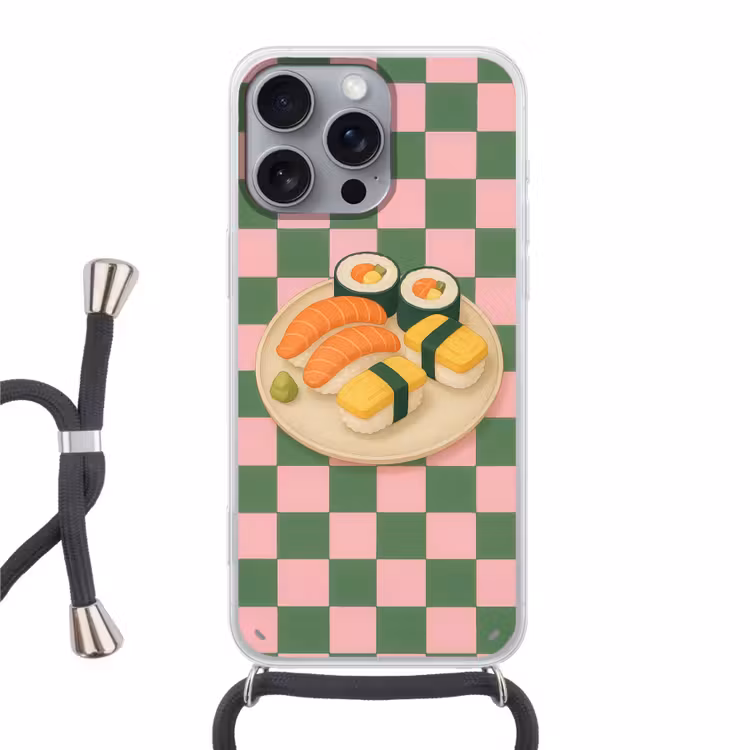 Sushi - Bord - Geblokt - Groen Hoesje iPhone 16 Pro Max met koord klein -3d